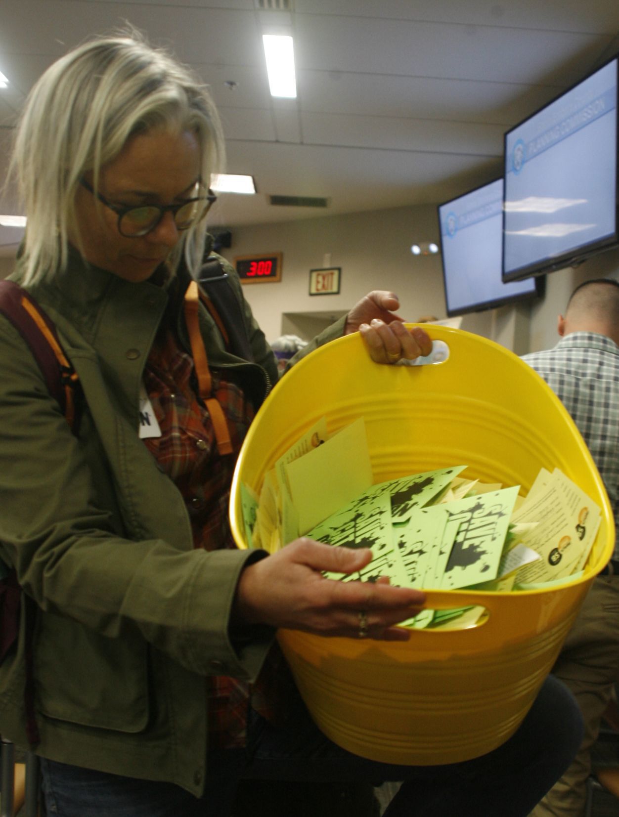 Rebecca August with postcards of protest